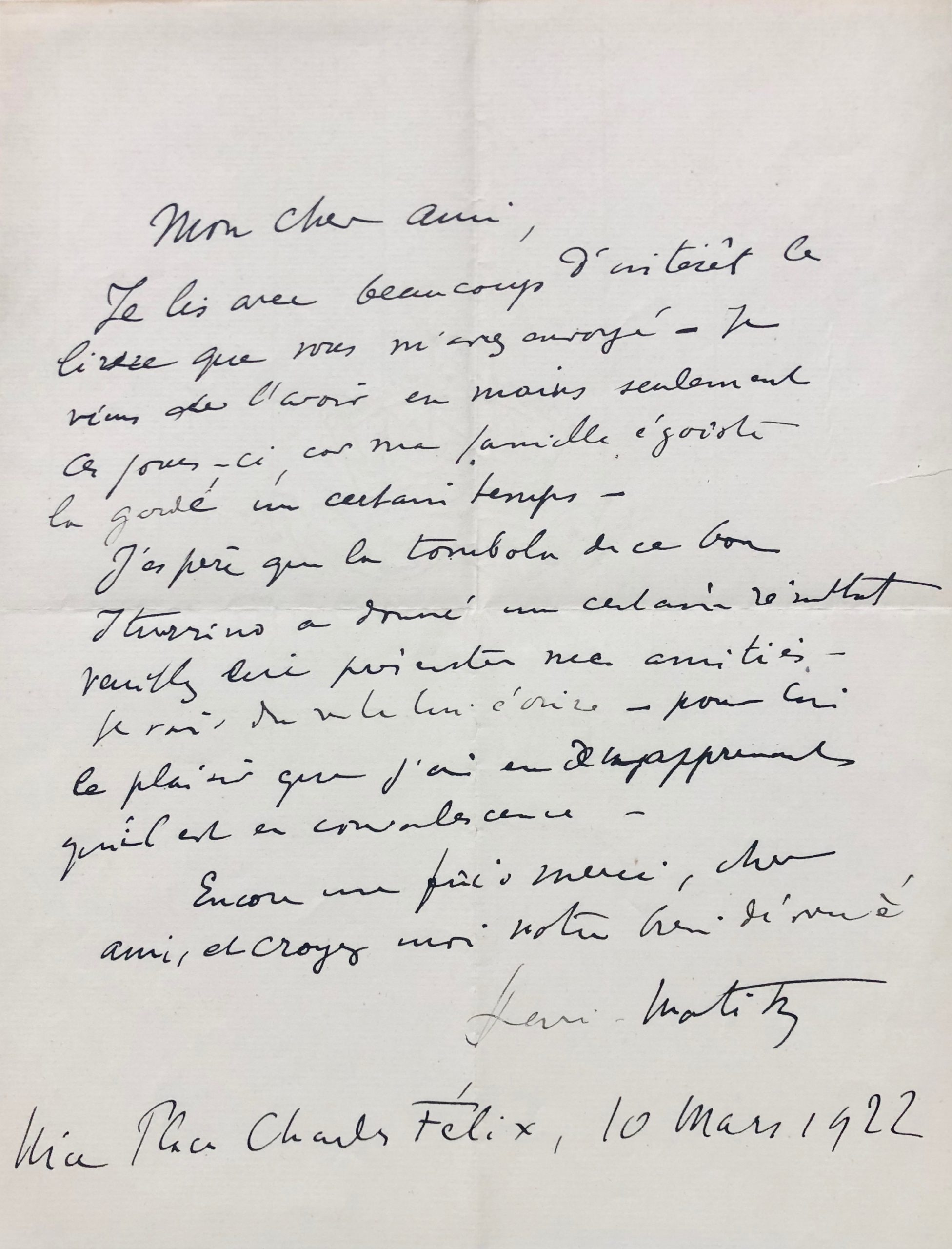 Mémoire d'encres - Lettre autographe signée d'Henri Matisse