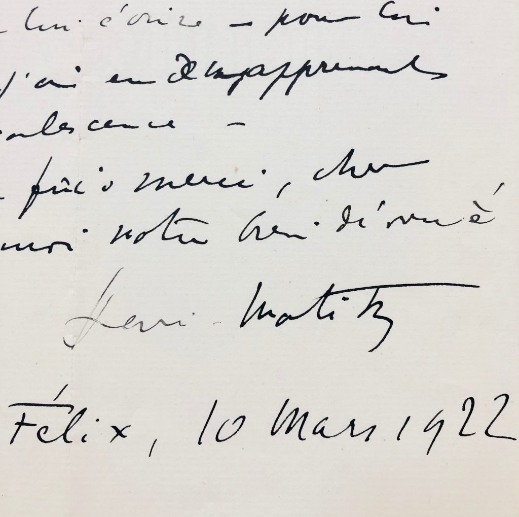 Mémoire d'encres - Lettre autographe signée d'Henri Matisse