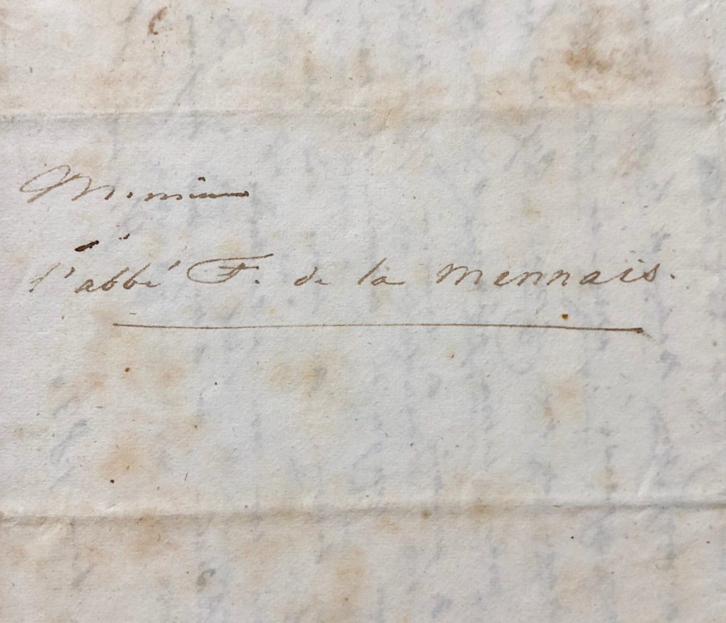 Mémoire d'encres - Lettre autographe signée adressée à Félécité de La Mennais