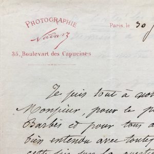 Mémoire d'encres - Lettre autographe signée de Nadar