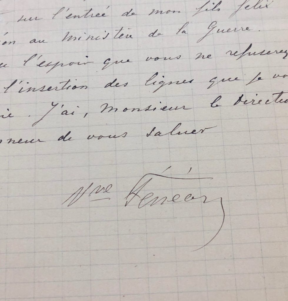 Mémoire d'encres - Lettre autographe signée de Madame Fénéon à propos de son fils