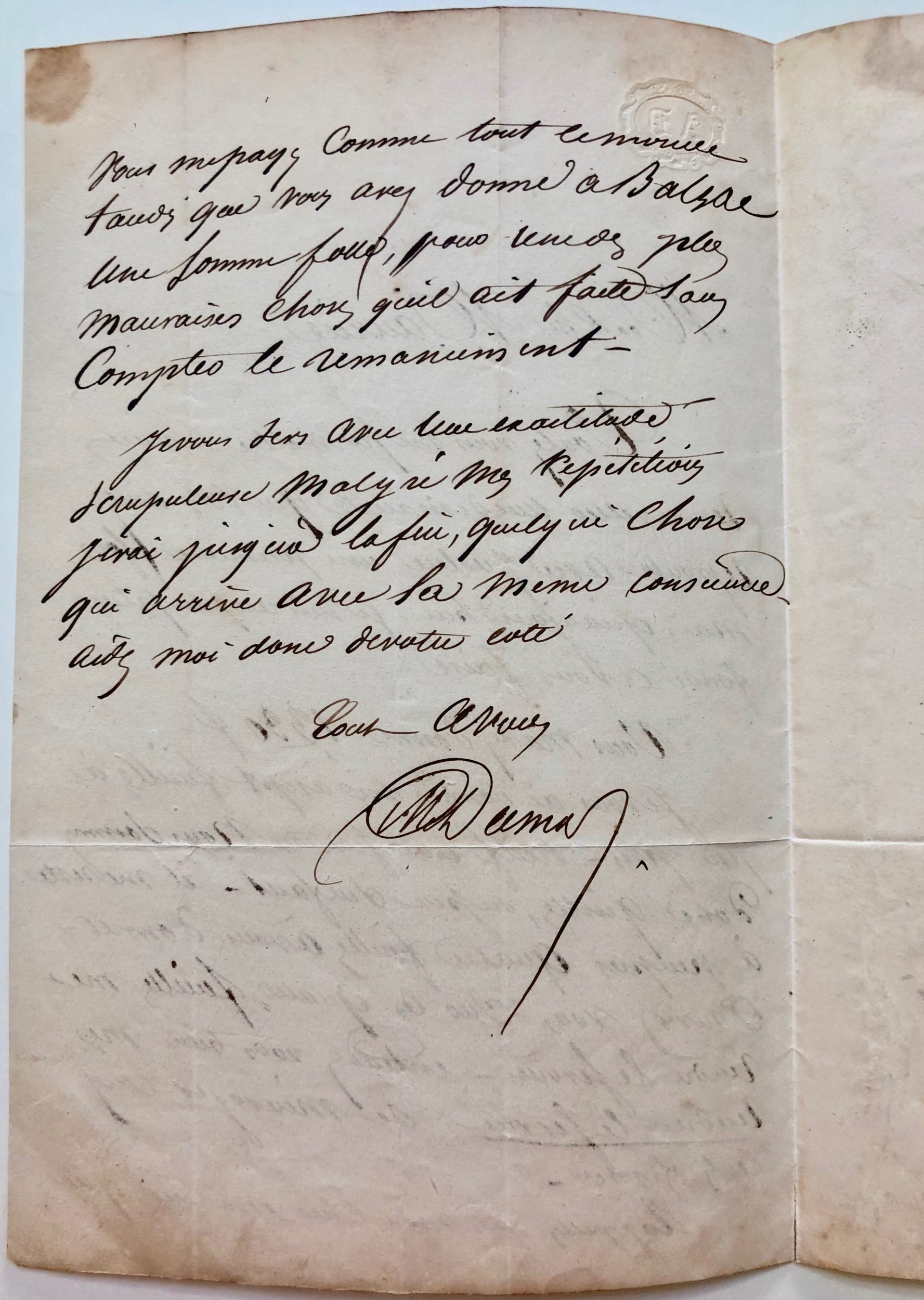 Mémoire d'encres - Belle lettre autographe signée d'Alexandre Dumas évoquant Honoré de Balzac