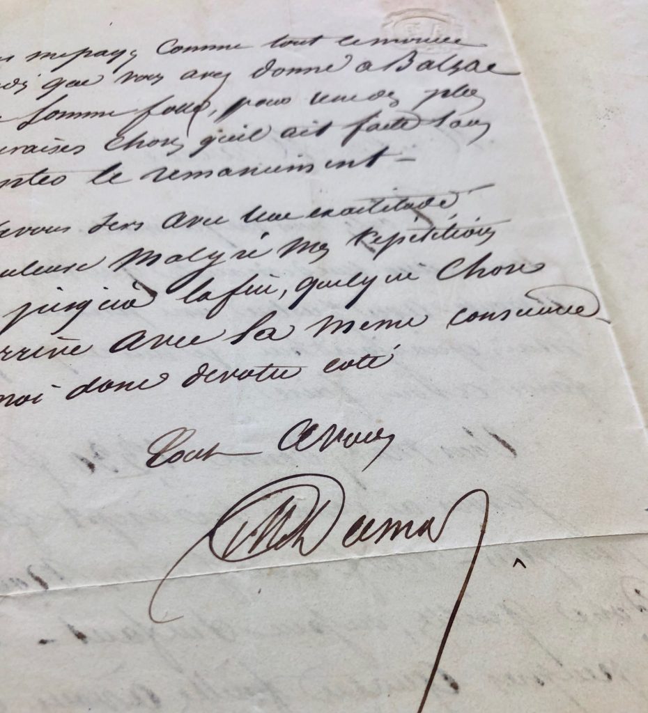 Mémoire d'encres - Belle lettre autographe signée d'Alexandre Dumas évoquant Honoré de Balzac