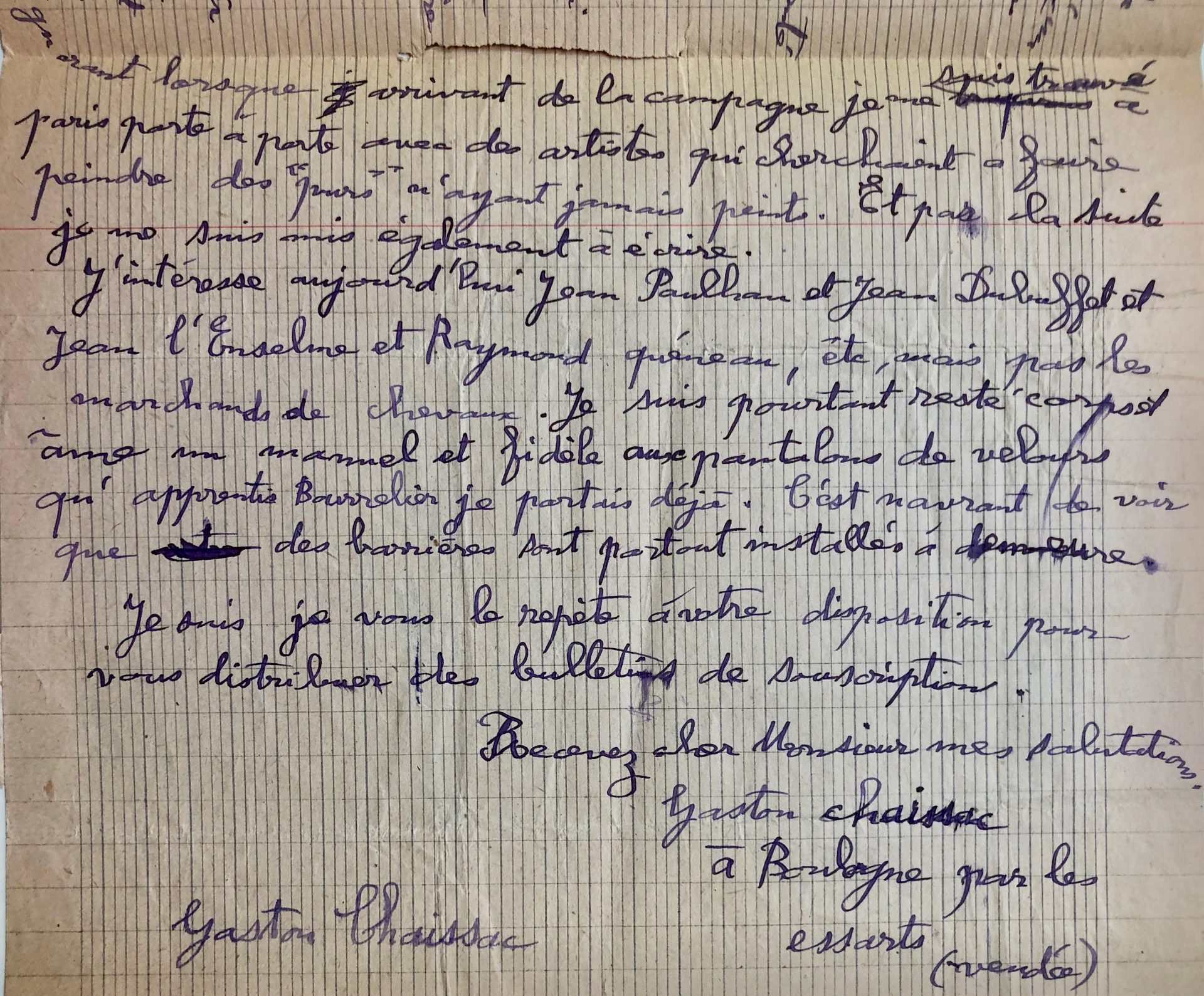 Mémoire d'encres - Lettre autographe signée de Gaston Chaissac