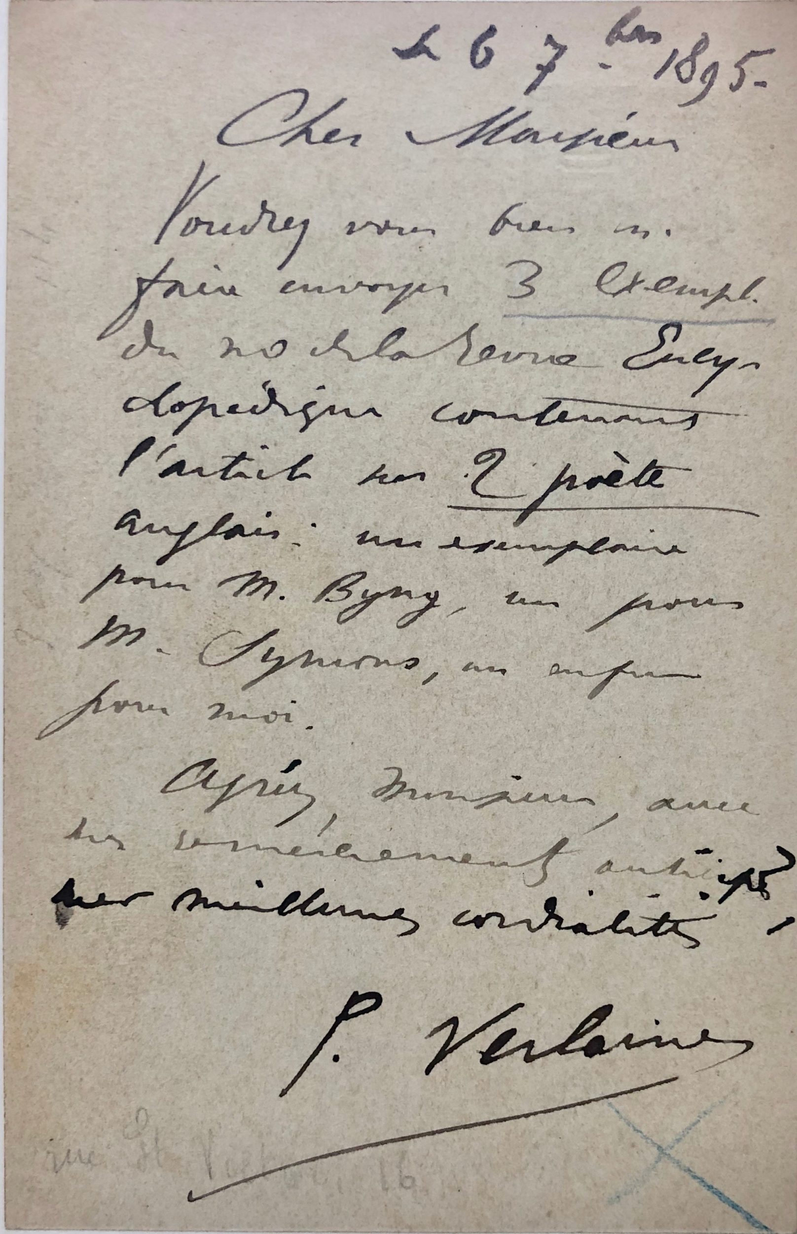 Mémoire d'encres - Carte postale autographe signée de Paul Verlaine